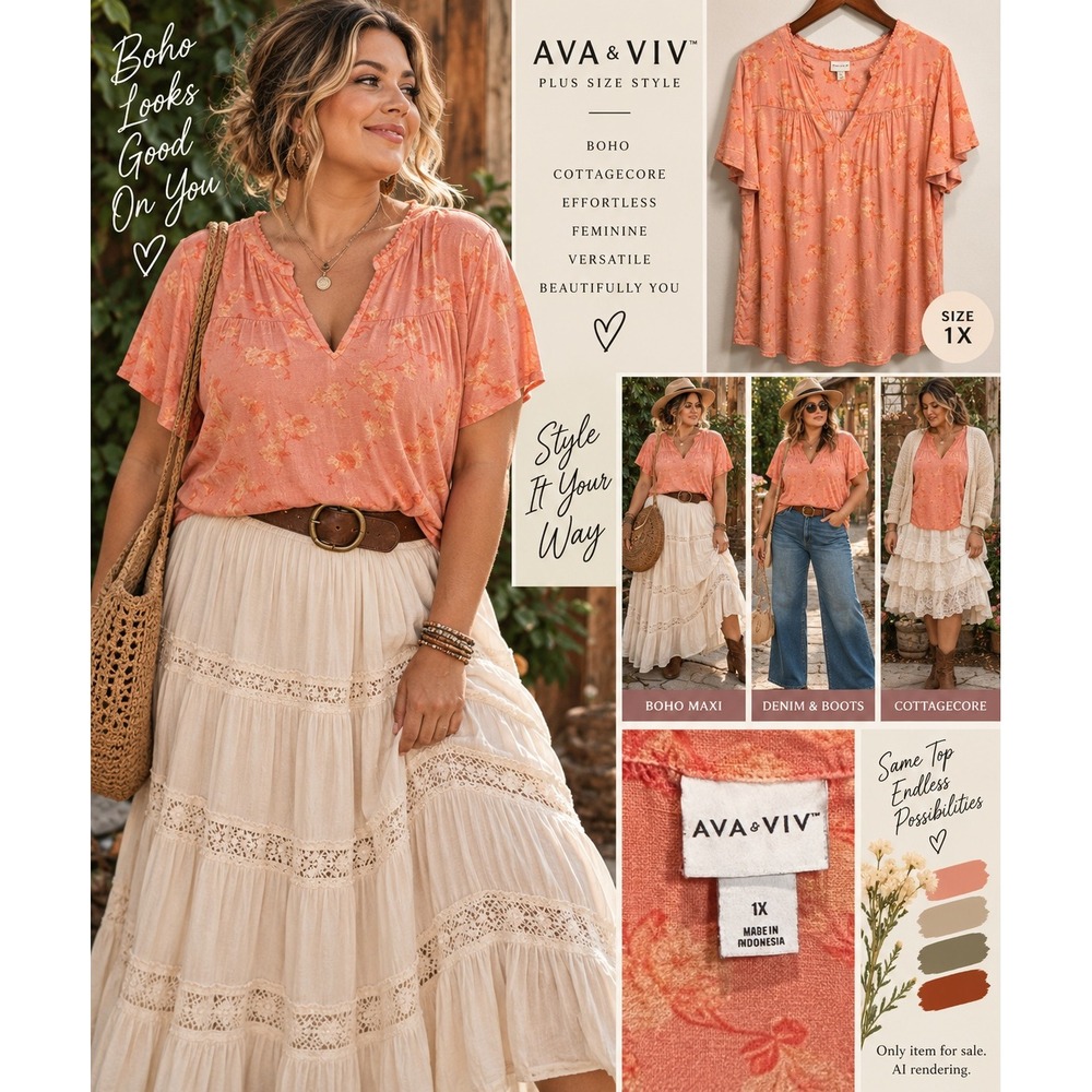 Ava & Viv 1X Floral Peasant Blouse Coral Pink Boho Cottagecore Short Sleeve Top